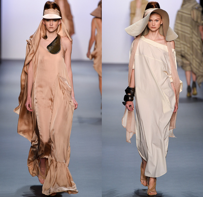 Nicholas K 2017 Spring Summer Womens Runway Catwalk Looks - New York Fashion Week - Theeb Wadi Rum Collection Jordan Linen Drapery Floppy Hat Neck Flap Visor Scarf Desert Dweller Sand Zigzag Outerwear Coat One Shoulder Tie Up Waist Knot Ribbon Kimono Wrap Blouse Fanny Pack Waist Pouch Belt Bag Silk Tapered Pants Trousers Crop Top Midriff Suede Stripes Shirtdress Maxi Dress Plaid Metallic Silver Neck Ornament Bangles Bracelet