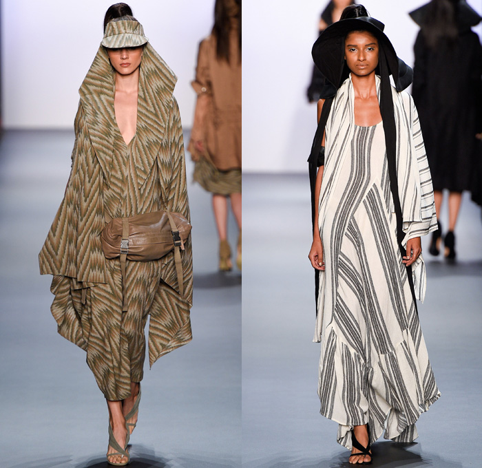 Nicholas K 2017 Spring Summer Womens Runway Catwalk Looks - New York Fashion Week - Theeb Wadi Rum Collection Jordan Linen Drapery Floppy Hat Neck Flap Visor Scarf Desert Dweller Sand Zigzag Outerwear Coat One Shoulder Tie Up Waist Knot Ribbon Kimono Wrap Blouse Fanny Pack Waist Pouch Belt Bag Silk Tapered Pants Trousers Crop Top Midriff Suede Stripes Shirtdress Maxi Dress Plaid Metallic Silver Neck Ornament Bangles Bracelet