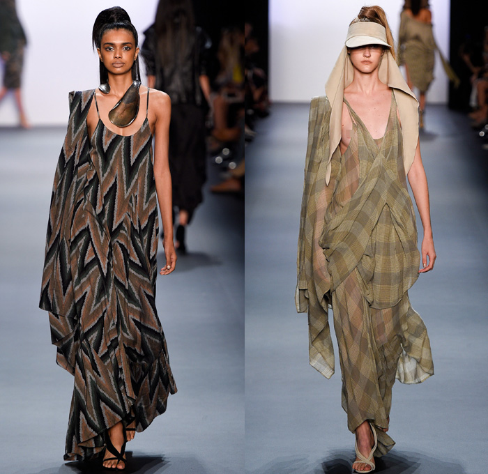 Nicholas K 2017 Spring Summer Womens Runway Catwalk Looks - New York Fashion Week - Theeb Wadi Rum Collection Jordan Linen Drapery Floppy Hat Neck Flap Visor Scarf Desert Dweller Sand Zigzag Outerwear Coat One Shoulder Tie Up Waist Knot Ribbon Kimono Wrap Blouse Fanny Pack Waist Pouch Belt Bag Silk Tapered Pants Trousers Crop Top Midriff Suede Stripes Shirtdress Maxi Dress Plaid Metallic Silver Neck Ornament Bangles Bracelet