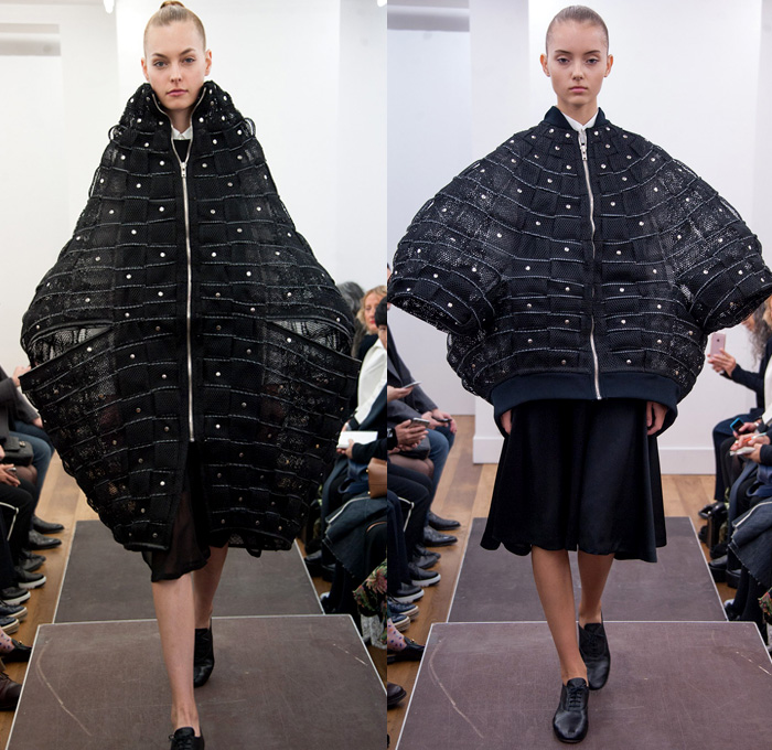 Noir Kei Ninomiya 2017 Spring Summer Womens Runway Catwalk Looks Comme des Garçons - Mode à Paris Fashion Week Mode Féminin France - Frayed Raw Denim Jeans Black Sculptural Cocoon Organic Shape Deconstructed Poncho Sheer Chiffon Tulle Mesh Fishnet Lasercut Bomber Jacket Motorcycle Biker Basketweave Check Buttons Accordion Pleats Fins Bedazzled Studs Flower Buds Fringes Strips Wide Leg Pants Pearls Lace Trench Coat Ruffles Blouse 