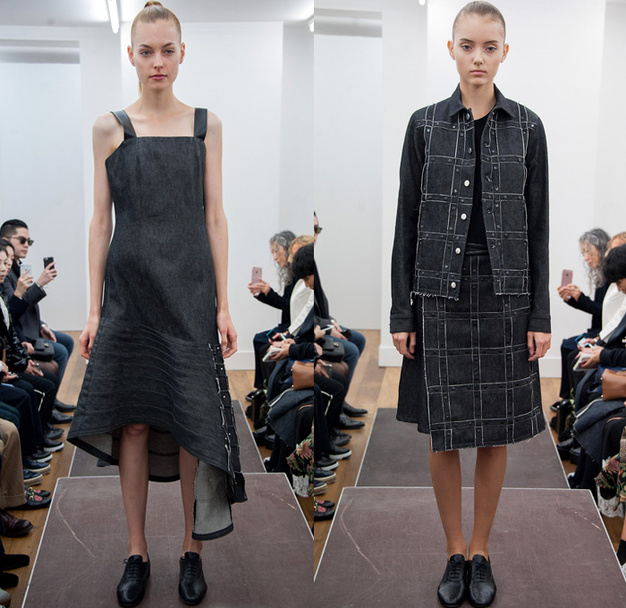 Noir Kei Ninomiya 2017 Spring Summer Womens Runway Catwalk Looks Comme des Garçons - Mode à Paris Fashion Week Mode Féminin France - Frayed Raw Denim Jeans Black Sculptural Cocoon Organic Shape Deconstructed Poncho Sheer Chiffon Tulle Mesh Fishnet Lasercut Bomber Jacket Motorcycle Biker Basketweave Check Buttons Accordion Pleats Fins Bedazzled Studs Flower Buds Fringes Strips Wide Leg Pants Pearls Lace Trench Coat Ruffles Blouse 