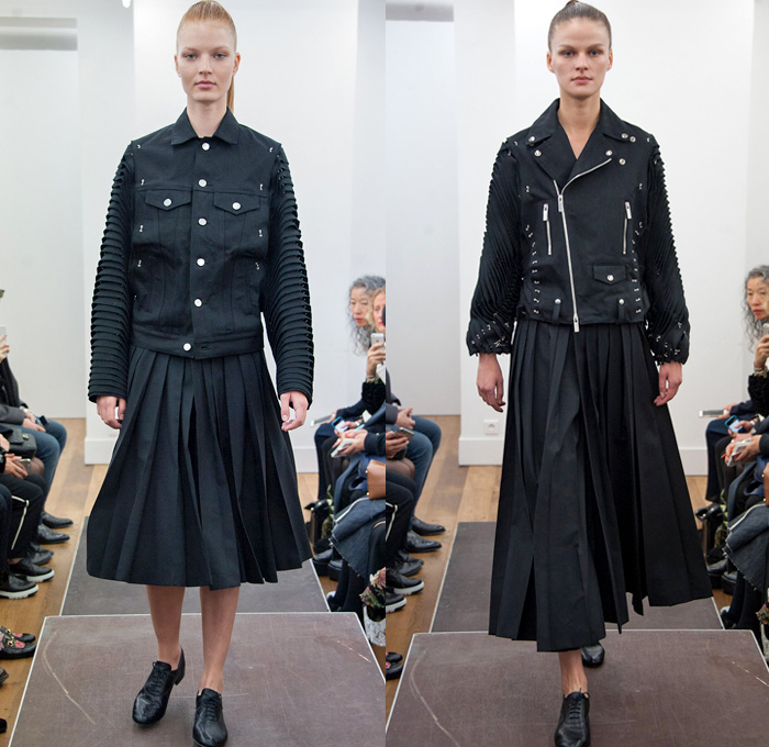 Noir Kei Ninomiya 2017 Spring Summer Womens Runway Catwalk Looks Comme des Garçons - Mode à Paris Fashion Week Mode Féminin France - Frayed Raw Denim Jeans Black Sculptural Cocoon Organic Shape Deconstructed Poncho Sheer Chiffon Tulle Mesh Fishnet Lasercut Bomber Jacket Motorcycle Biker Basketweave Check Buttons Accordion Pleats Fins Bedazzled Studs Flower Buds Fringes Strips Wide Leg Pants Pearls Lace Trench Coat Ruffles Blouse 