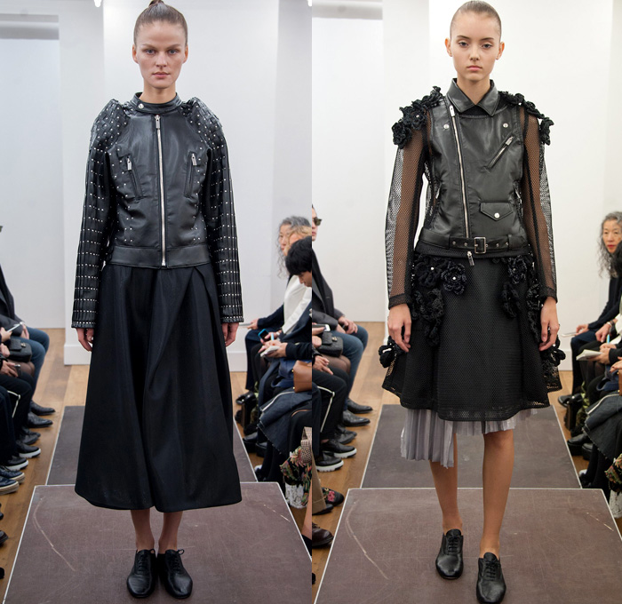 Noir Kei Ninomiya 2017 Spring Summer Womens Runway Catwalk Looks Comme des Garçons - Mode à Paris Fashion Week Mode Féminin France - Frayed Raw Denim Jeans Black Sculptural Cocoon Organic Shape Deconstructed Poncho Sheer Chiffon Tulle Mesh Fishnet Lasercut Bomber Jacket Motorcycle Biker Basketweave Check Buttons Accordion Pleats Fins Bedazzled Studs Flower Buds Fringes Strips Wide Leg Pants Pearls Lace Trench Coat Ruffles Blouse 