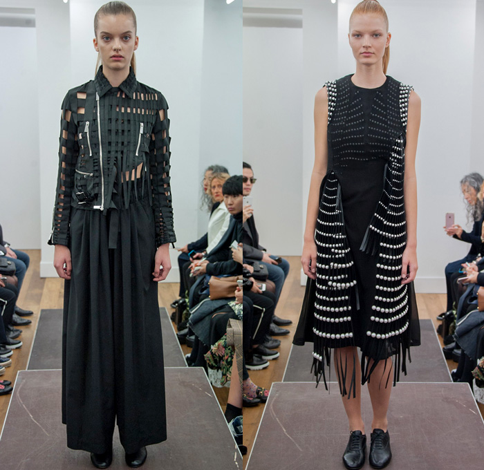 Noir Kei Ninomiya 2017 Spring Summer Womens Runway Catwalk Looks Comme des Garçons - Mode à Paris Fashion Week Mode Féminin France - Frayed Raw Denim Jeans Black Sculptural Cocoon Organic Shape Deconstructed Poncho Sheer Chiffon Tulle Mesh Fishnet Lasercut Bomber Jacket Motorcycle Biker Basketweave Check Buttons Accordion Pleats Fins Bedazzled Studs Flower Buds Fringes Strips Wide Leg Pants Pearls Lace Trench Coat Ruffles Blouse 