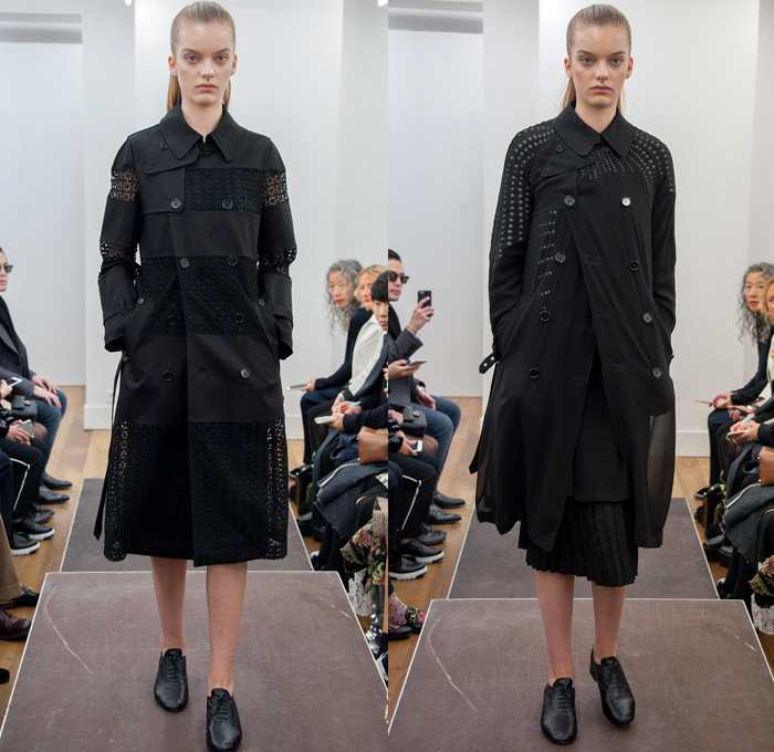 Noir Kei Ninomiya 2017 Spring Summer Womens Runway Catwalk Looks Comme des Garçons - Mode à Paris Fashion Week Mode Féminin France - Frayed Raw Denim Jeans Black Sculptural Cocoon Organic Shape Deconstructed Poncho Sheer Chiffon Tulle Mesh Fishnet Lasercut Bomber Jacket Motorcycle Biker Basketweave Check Buttons Accordion Pleats Fins Bedazzled Studs Flower Buds Fringes Strips Wide Leg Pants Pearls Lace Trench Coat Ruffles Blouse 