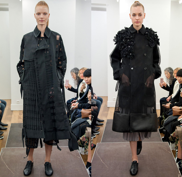 Noir Kei Ninomiya 2017 Spring Summer Womens Runway Catwalk Looks Comme des Garçons - Mode à Paris Fashion Week Mode Féminin France - Frayed Raw Denim Jeans Black Sculptural Cocoon Organic Shape Deconstructed Poncho Sheer Chiffon Tulle Mesh Fishnet Lasercut Bomber Jacket Motorcycle Biker Basketweave Check Buttons Accordion Pleats Fins Bedazzled Studs Flower Buds Fringes Strips Wide Leg Pants Pearls Lace Trench Coat Ruffles Blouse 