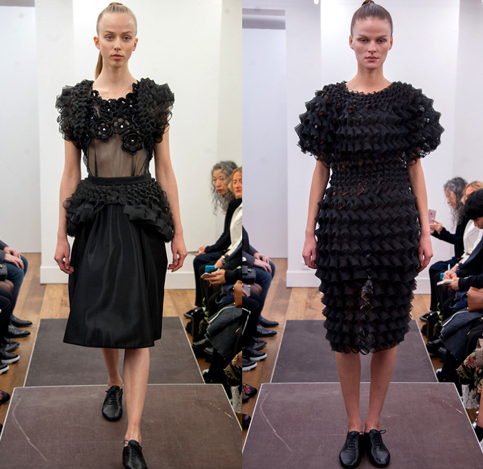 Noir Kei Ninomiya 2017 Spring Summer Womens Runway Catwalk Looks Comme des Garçons - Mode à Paris Fashion Week Mode Féminin France - Frayed Raw Denim Jeans Black Sculptural Cocoon Organic Shape Deconstructed Poncho Sheer Chiffon Tulle Mesh Fishnet Lasercut Bomber Jacket Motorcycle Biker Basketweave Check Buttons Accordion Pleats Fins Bedazzled Studs Flower Buds Fringes Strips Wide Leg Pants Pearls Lace Trench Coat Ruffles Blouse 