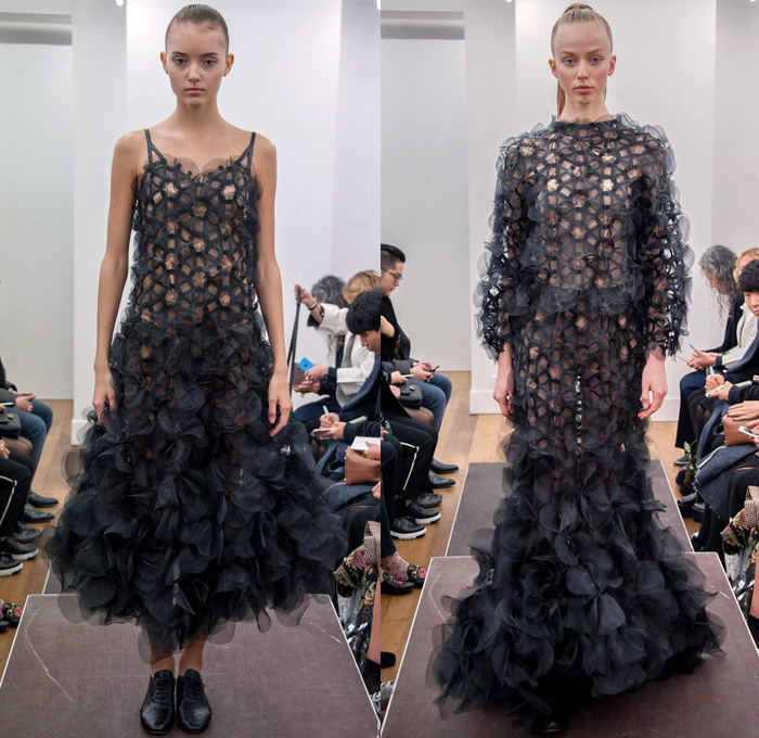 Noir Kei Ninomiya 2017 Spring Summer Womens Runway Catwalk Looks Comme des Garçons - Mode à Paris Fashion Week Mode Féminin France - Frayed Raw Denim Jeans Black Sculptural Cocoon Organic Shape Deconstructed Poncho Sheer Chiffon Tulle Mesh Fishnet Lasercut Bomber Jacket Motorcycle Biker Basketweave Check Buttons Accordion Pleats Fins Bedazzled Studs Flower Buds Fringes Strips Wide Leg Pants Pearls Lace Trench Coat Ruffles Blouse 