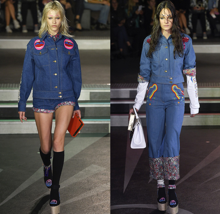 Olympia Le-Tan 2017 Spring Summer Womens Runway Catwalk Looks - Mode à Paris Fashion Week Mode Féminin France - 1960s Sixties Psychedelic Counterculture Denim Jeans Pop Art Open Mouth Rainbow Stars Faces Mushrooms Planets Galaxy Sky Flowers Floral Print Motif Embroidery Adornments Bedazzled Sequins Skirt Frock Blouse Long Sleeve Shorts Sleepwear Pajamas Lounge Chunky Knit Sweater Silk Satin Railroad Stripes Maxi Dress Platforms Roll Up Handbag Leggings Bucket Bag Scarf Choker