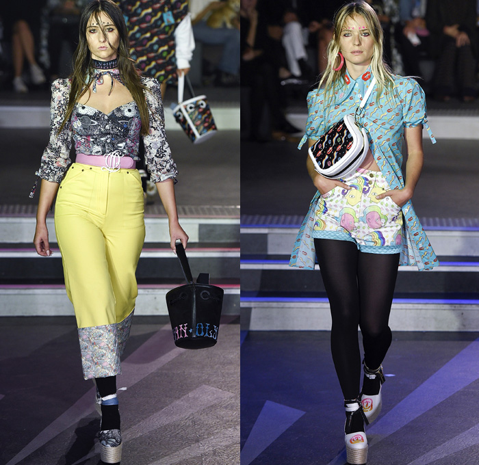 Olympia Le-Tan 2017 Spring Summer Womens Runway Catwalk Looks - Mode à Paris Fashion Week Mode Féminin France - 1960s Sixties Psychedelic Counterculture Denim Jeans Pop Art Open Mouth Rainbow Stars Faces Mushrooms Planets Galaxy Sky Flowers Floral Print Motif Embroidery Adornments Bedazzled Sequins Skirt Frock Blouse Long Sleeve Shorts Sleepwear Pajamas Lounge Chunky Knit Sweater Silk Satin Railroad Stripes Maxi Dress Platforms Roll Up Handbag Leggings Bucket Bag Scarf Choker