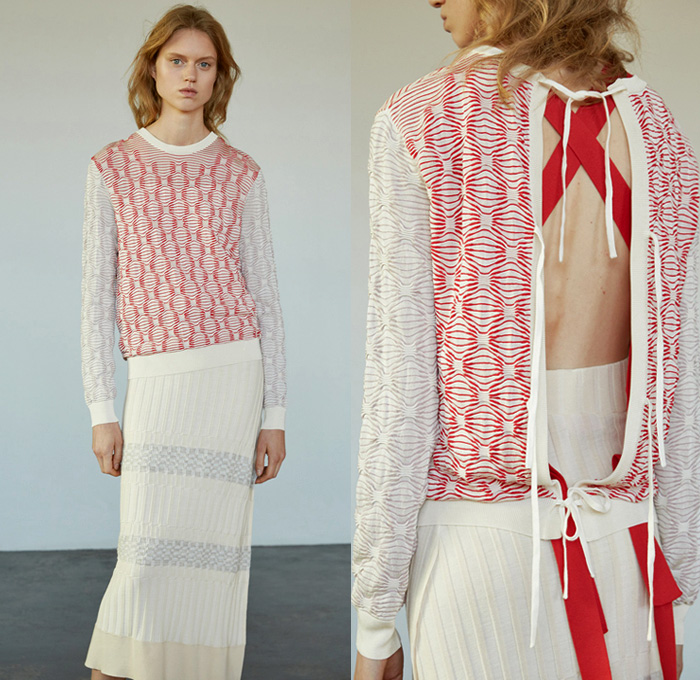 Orley 2017 Spring Summer Womens Lookbook Presentation - New York Fashion Week - Nostalgic Knitwear Basketweave Ribbed Sweater Jumper Pullover Pencil Skirt Frock Geometric Tie Up Drawstring Embossed Sleeveless Ball Embroidery Adorned Bedazzled Picnic Plaid Check Blouse Shirt Ruffles Spread Collar Stripes Mesh Dress Flare Bell Bottom Pants