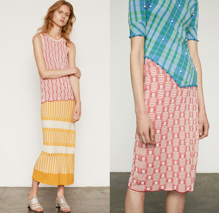 Orley 2017 Spring Summer Womens Lookbook Presentation - New York Fashion Week - Nostalgic Knitwear Basketweave Ribbed Sweater Jumper Pullover Pencil Skirt Frock Geometric Tie Up Drawstring Embossed Sleeveless Ball Embroidery Adorned Bedazzled Picnic Plaid Check Blouse Shirt Ruffles Spread Collar Stripes Mesh Dress Flare Bell Bottom Pants