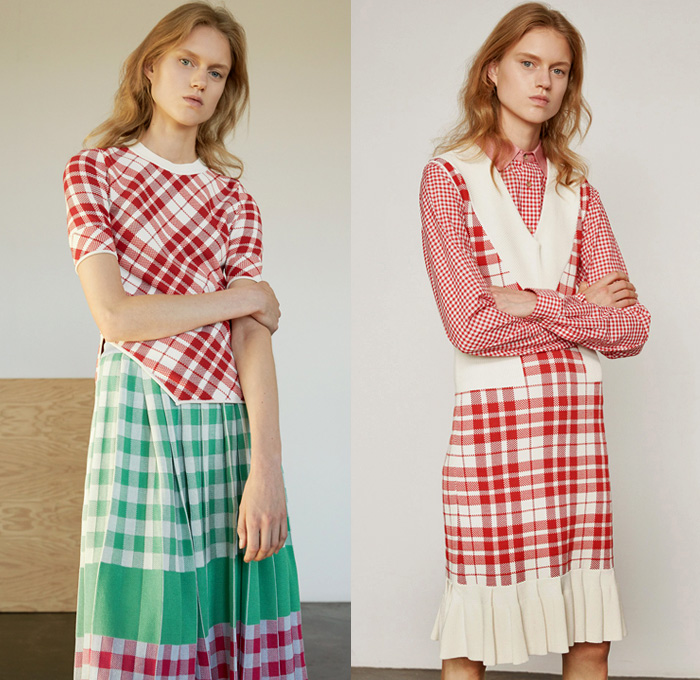 Orley 2017 Spring Summer Womens Lookbook Presentation - New York Fashion Week - Nostalgic Knitwear Basketweave Ribbed Sweater Jumper Pullover Pencil Skirt Frock Geometric Tie Up Drawstring Embossed Sleeveless Ball Embroidery Adorned Bedazzled Picnic Plaid Check Blouse Shirt Ruffles Spread Collar Stripes Mesh Dress Flare Bell Bottom Pants