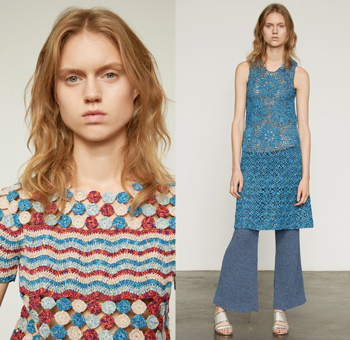 Orley 2017 Spring Summer Womens Lookbook Presentation - New York Fashion Week - Nostalgic Knitwear Basketweave Ribbed Sweater Jumper Pullover Pencil Skirt Frock Geometric Tie Up Drawstring Embossed Sleeveless Ball Embroidery Adorned Bedazzled Picnic Plaid Check Blouse Shirt Ruffles Spread Collar Stripes Mesh Dress Flare Bell Bottom Pants