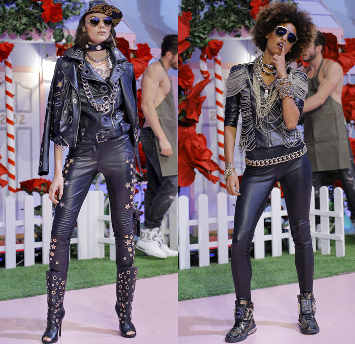 Philipp Plein 2017 Spring Summer Womens Runway Catwalk Looks - Milano Moda Donna Milan Fashion Week Italy - Alice In Ghettoland Urban Hiphop Chains Denim Jeans Ornamental Embroidery Bedazzled Jewels Metallic Studs Sequins Grommets Holes Stars Motorcycle Biker Leather Bomber Jacket Quilted Waffle Leggings Jogger Sweatpants Cargo Pockets Crop Top Midriff Skirt Frock Crocodile Alligator Leopard Cheetah Stripes Spots Romper Onesie Jumpsuit Coveralls Silk Satin Dress Sheer Chiffon Accordion Pleats Gown Eveningwear Boxing Belt Fringes Furry Jacquard Necklace Choker Boots Gladiator Heels Sunglasses Trucker Hat Hi-Tops Backpack Grills Handbag Boombox