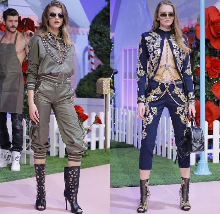 Philipp Plein 2017 Spring Summer Womens Runway Catwalk Looks - Milano Moda Donna Milan Fashion Week Italy - Alice In Ghettoland Urban Hiphop Chains Denim Jeans Ornamental Embroidery Bedazzled Jewels Metallic Studs Sequins Grommets Holes Stars Motorcycle Biker Leather Bomber Jacket Quilted Waffle Leggings Jogger Sweatpants Cargo Pockets Crop Top Midriff Skirt Frock Crocodile Alligator Leopard Cheetah Stripes Spots Romper Onesie Jumpsuit Coveralls Silk Satin Dress Sheer Chiffon Accordion Pleats Gown Eveningwear Boxing Belt Fringes Furry Jacquard Necklace Choker Boots Gladiator Heels Sunglasses Trucker Hat Hi-Tops Backpack Grills Handbag Boombox