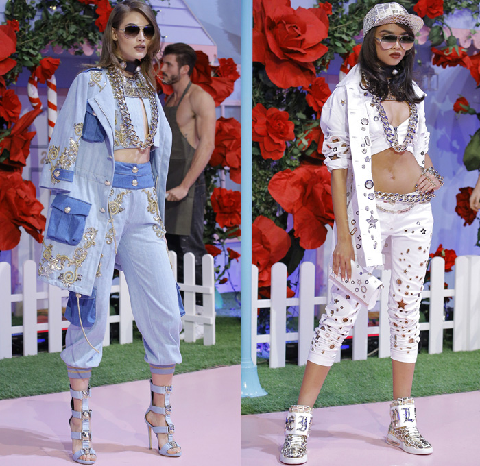 Philipp Plein 2017 Spring Summer Womens Runway Catwalk Looks - Milano Moda Donna Milan Fashion Week Italy - Alice In Ghettoland Urban Hiphop Chains Denim Jeans Ornamental Embroidery Bedazzled Jewels Metallic Studs Sequins Grommets Holes Stars Motorcycle Biker Leather Bomber Jacket Quilted Waffle Leggings Jogger Sweatpants Cargo Pockets Crop Top Midriff Skirt Frock Crocodile Alligator Leopard Cheetah Stripes Spots Romper Onesie Jumpsuit Coveralls Silk Satin Dress Sheer Chiffon Accordion Pleats Gown Eveningwear Boxing Belt Fringes Furry Jacquard Necklace Choker Boots Gladiator Heels Sunglasses Trucker Hat Hi-Tops Backpack Grills Handbag Boombox