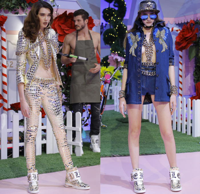 Philipp Plein 2017 Spring Summer Womens Runway Catwalk Looks - Milano Moda Donna Milan Fashion Week Italy - Alice In Ghettoland Urban Hiphop Chains Denim Jeans Ornamental Embroidery Bedazzled Jewels Metallic Studs Sequins Grommets Holes Stars Motorcycle Biker Leather Bomber Jacket Quilted Waffle Leggings Jogger Sweatpants Cargo Pockets Crop Top Midriff Skirt Frock Crocodile Alligator Leopard Cheetah Stripes Spots Romper Onesie Jumpsuit Coveralls Silk Satin Dress Sheer Chiffon Accordion Pleats Gown Eveningwear Boxing Belt Fringes Furry Jacquard Necklace Choker Boots Gladiator Heels Sunglasses Trucker Hat Hi-Tops Backpack Grills Handbag Boombox