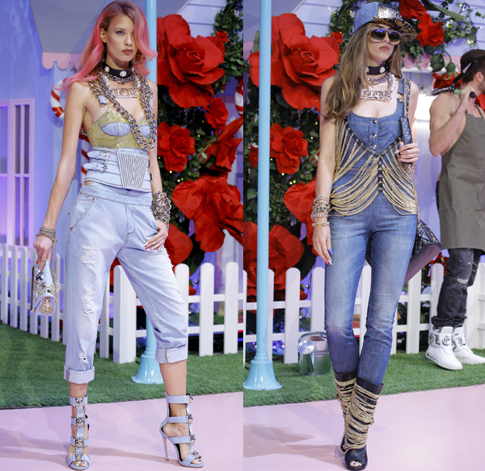 Philipp Plein 2017 Spring Summer Womens Runway Catwalk Looks - Milano Moda Donna Milan Fashion Week Italy - Alice In Ghettoland Urban Hiphop Chains Denim Jeans Ornamental Embroidery Bedazzled Jewels Metallic Studs Sequins Grommets Holes Stars Motorcycle Biker Leather Bomber Jacket Quilted Waffle Leggings Jogger Sweatpants Cargo Pockets Crop Top Midriff Skirt Frock Crocodile Alligator Leopard Cheetah Stripes Spots Romper Onesie Jumpsuit Coveralls Silk Satin Dress Sheer Chiffon Accordion Pleats Gown Eveningwear Boxing Belt Fringes Furry Jacquard Necklace Choker Boots Gladiator Heels Sunglasses Trucker Hat Hi-Tops Backpack Grills Handbag Boombox