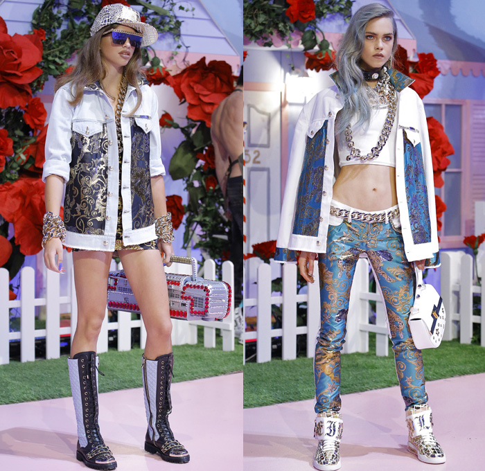 Philipp Plein 2017 Spring Summer Womens Runway Catwalk Looks - Milano Moda Donna Milan Fashion Week Italy - Alice In Ghettoland Urban Hiphop Chains Denim Jeans Ornamental Embroidery Bedazzled Jewels Metallic Studs Sequins Grommets Holes Stars Motorcycle Biker Leather Bomber Jacket Quilted Waffle Leggings Jogger Sweatpants Cargo Pockets Crop Top Midriff Skirt Frock Crocodile Alligator Leopard Cheetah Stripes Spots Romper Onesie Jumpsuit Coveralls Silk Satin Dress Sheer Chiffon Accordion Pleats Gown Eveningwear Boxing Belt Fringes Furry Jacquard Necklace Choker Boots Gladiator Heels Sunglasses Trucker Hat Hi-Tops Backpack Grills Handbag Boombox