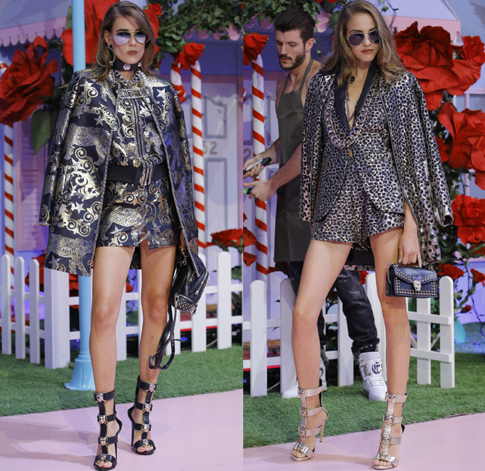 Philipp Plein 2017 Spring Summer Womens Runway Catwalk Looks - Milano Moda Donna Milan Fashion Week Italy - Alice In Ghettoland Urban Hiphop Chains Denim Jeans Ornamental Embroidery Bedazzled Jewels Metallic Studs Sequins Grommets Holes Stars Motorcycle Biker Leather Bomber Jacket Quilted Waffle Leggings Jogger Sweatpants Cargo Pockets Crop Top Midriff Skirt Frock Crocodile Alligator Leopard Cheetah Stripes Spots Romper Onesie Jumpsuit Coveralls Silk Satin Dress Sheer Chiffon Accordion Pleats Gown Eveningwear Boxing Belt Fringes Furry Jacquard Necklace Choker Boots Gladiator Heels Sunglasses Trucker Hat Hi-Tops Backpack Grills Handbag Boombox