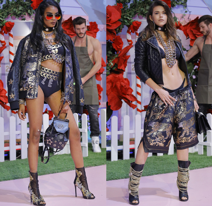 Philipp Plein 2017 Spring Summer Womens Runway Catwalk Looks - Milano Moda Donna Milan Fashion Week Italy - Alice In Ghettoland Urban Hiphop Chains Denim Jeans Ornamental Embroidery Bedazzled Jewels Metallic Studs Sequins Grommets Holes Stars Motorcycle Biker Leather Bomber Jacket Quilted Waffle Leggings Jogger Sweatpants Cargo Pockets Crop Top Midriff Skirt Frock Crocodile Alligator Leopard Cheetah Stripes Spots Romper Onesie Jumpsuit Coveralls Silk Satin Dress Sheer Chiffon Accordion Pleats Gown Eveningwear Boxing Belt Fringes Furry Jacquard Necklace Choker Boots Gladiator Heels Sunglasses Trucker Hat Hi-Tops Backpack Grills Handbag Boombox