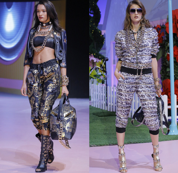 Philipp Plein 2017 Spring Summer Womens Runway Catwalk Looks - Milano Moda Donna Milan Fashion Week Italy - Alice In Ghettoland Urban Hiphop Chains Denim Jeans Ornamental Embroidery Bedazzled Jewels Metallic Studs Sequins Grommets Holes Stars Motorcycle Biker Leather Bomber Jacket Quilted Waffle Leggings Jogger Sweatpants Cargo Pockets Crop Top Midriff Skirt Frock Crocodile Alligator Leopard Cheetah Stripes Spots Romper Onesie Jumpsuit Coveralls Silk Satin Dress Sheer Chiffon Accordion Pleats Gown Eveningwear Boxing Belt Fringes Furry Jacquard Necklace Choker Boots Gladiator Heels Sunglasses Trucker Hat Hi-Tops Backpack Grills Handbag Boombox