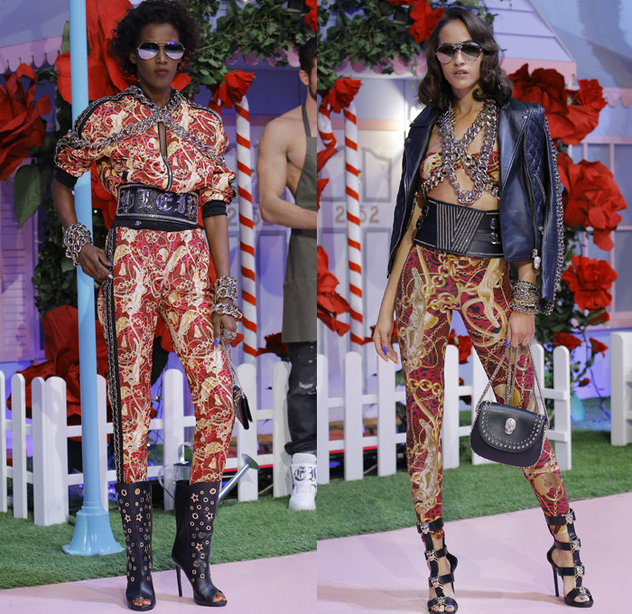 Philipp Plein 2017 Spring Summer Womens Runway Catwalk Looks - Milano Moda Donna Milan Fashion Week Italy - Alice In Ghettoland Urban Hiphop Chains Denim Jeans Ornamental Embroidery Bedazzled Jewels Metallic Studs Sequins Grommets Holes Stars Motorcycle Biker Leather Bomber Jacket Quilted Waffle Leggings Jogger Sweatpants Cargo Pockets Crop Top Midriff Skirt Frock Crocodile Alligator Leopard Cheetah Stripes Spots Romper Onesie Jumpsuit Coveralls Silk Satin Dress Sheer Chiffon Accordion Pleats Gown Eveningwear Boxing Belt Fringes Furry Jacquard Necklace Choker Boots Gladiator Heels Sunglasses Trucker Hat Hi-Tops Backpack Grills Handbag Boombox