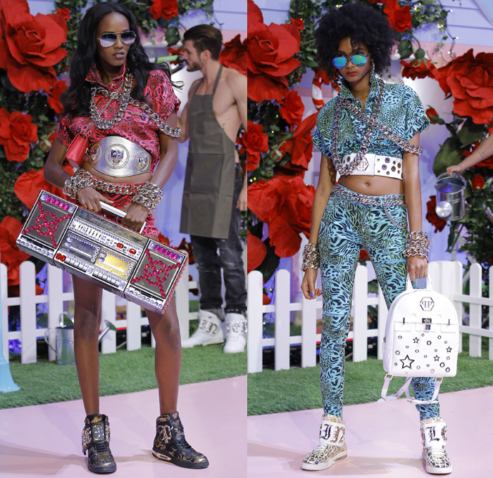 Philipp Plein 2017 Spring Summer Womens Runway Catwalk Looks - Milano Moda Donna Milan Fashion Week Italy - Alice In Ghettoland Urban Hiphop Chains Denim Jeans Ornamental Embroidery Bedazzled Jewels Metallic Studs Sequins Grommets Holes Stars Motorcycle Biker Leather Bomber Jacket Quilted Waffle Leggings Jogger Sweatpants Cargo Pockets Crop Top Midriff Skirt Frock Crocodile Alligator Leopard Cheetah Stripes Spots Romper Onesie Jumpsuit Coveralls Silk Satin Dress Sheer Chiffon Accordion Pleats Gown Eveningwear Boxing Belt Fringes Furry Jacquard Necklace Choker Boots Gladiator Heels Sunglasses Trucker Hat Hi-Tops Backpack Grills Handbag Boombox