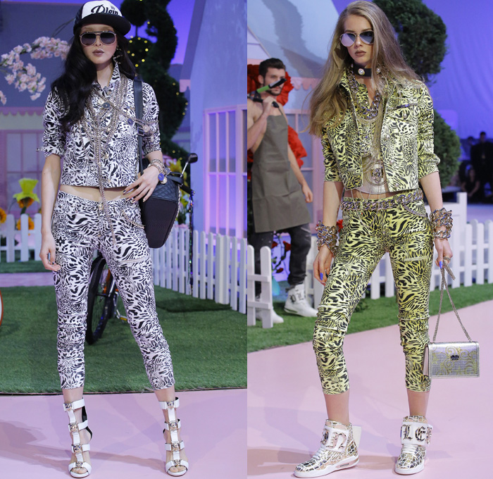 Philipp Plein 2017 Spring Summer Womens Runway Catwalk Looks - Milano Moda Donna Milan Fashion Week Italy - Alice In Ghettoland Urban Hiphop Chains Denim Jeans Ornamental Embroidery Bedazzled Jewels Metallic Studs Sequins Grommets Holes Stars Motorcycle Biker Leather Bomber Jacket Quilted Waffle Leggings Jogger Sweatpants Cargo Pockets Crop Top Midriff Skirt Frock Crocodile Alligator Leopard Cheetah Stripes Spots Romper Onesie Jumpsuit Coveralls Silk Satin Dress Sheer Chiffon Accordion Pleats Gown Eveningwear Boxing Belt Fringes Furry Jacquard Necklace Choker Boots Gladiator Heels Sunglasses Trucker Hat Hi-Tops Backpack Grills Handbag Boombox