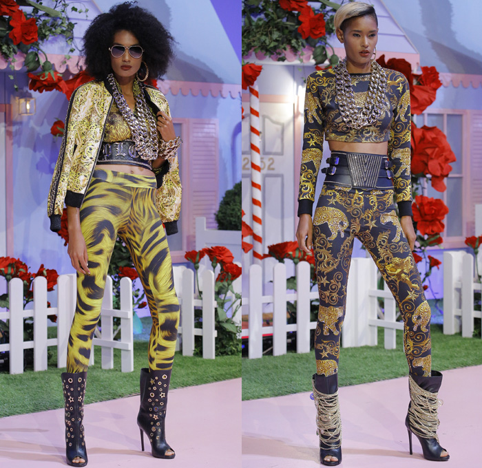 Philipp Plein 2017 Spring Summer Womens Runway Catwalk Looks - Milano Moda Donna Milan Fashion Week Italy - Alice In Ghettoland Urban Hiphop Chains Denim Jeans Ornamental Embroidery Bedazzled Jewels Metallic Studs Sequins Grommets Holes Stars Motorcycle Biker Leather Bomber Jacket Quilted Waffle Leggings Jogger Sweatpants Cargo Pockets Crop Top Midriff Skirt Frock Crocodile Alligator Leopard Cheetah Stripes Spots Romper Onesie Jumpsuit Coveralls Silk Satin Dress Sheer Chiffon Accordion Pleats Gown Eveningwear Boxing Belt Fringes Furry Jacquard Necklace Choker Boots Gladiator Heels Sunglasses Trucker Hat Hi-Tops Backpack Grills Handbag Boombox