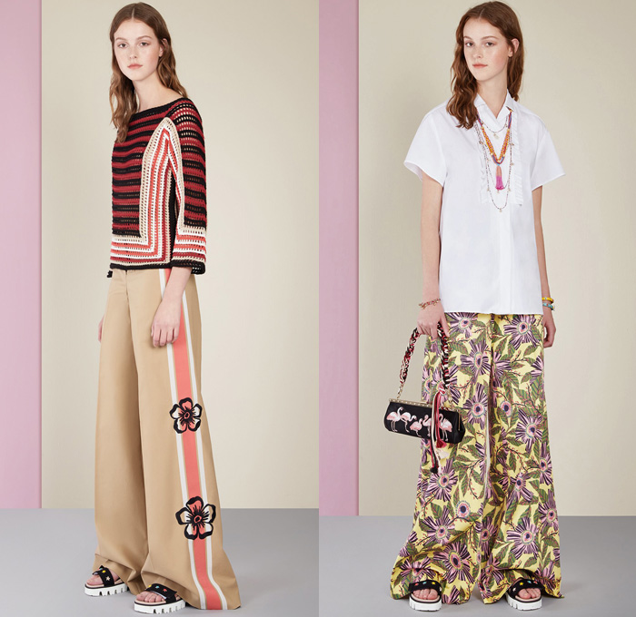 Red Valentino 2017 Spring Summer Womens Lookbook Presentation - New York Fashion Week - Tropical Flowers Floral Leaves Foliage Flamingos Seagulls Landscape Sun Ocean Waves Denim Jeans Jumpsuit Wide Leg Trousers Palazzo Pants Flare Bell Bottom Mesh Crochet  Weave Chunky Knit Sweater Jumper Ribbed Gladiator Sandals Tuxedo Stripe Blouse Maxi Dress Noodle Spaghetti Strap Lace Up Drawstring Lace Capelet Shorts Halterneck Accordion Pleats Swim Bikini Dots Bomber Jacket Slippers Strap Beads