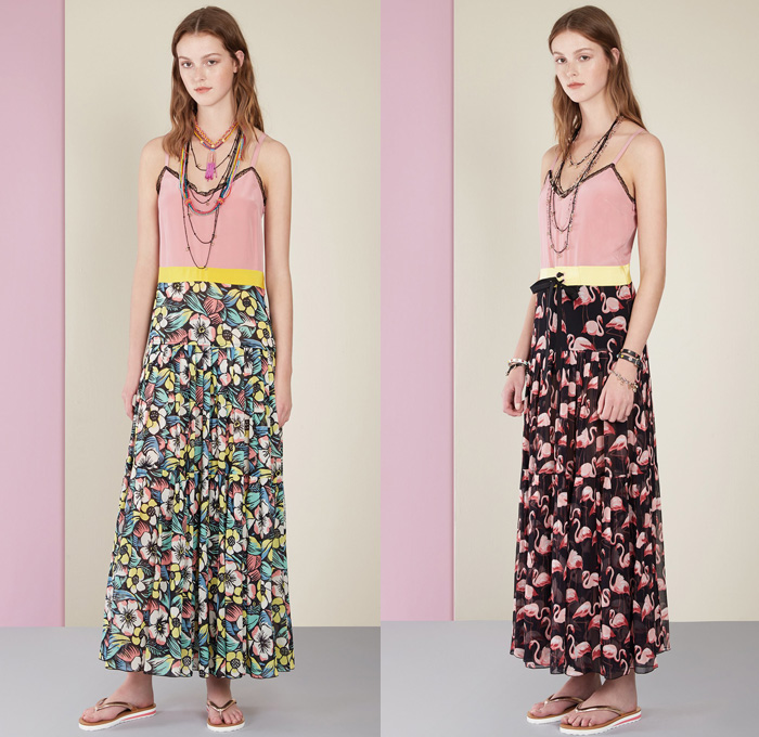 Red Valentino 2017 Spring Summer Womens Lookbook Presentation - New York Fashion Week - Tropical Flowers Floral Leaves Foliage Flamingos Seagulls Landscape Sun Ocean Waves Denim Jeans Jumpsuit Wide Leg Trousers Palazzo Pants Flare Bell Bottom Mesh Crochet  Weave Chunky Knit Sweater Jumper Ribbed Gladiator Sandals Tuxedo Stripe Blouse Maxi Dress Noodle Spaghetti Strap Lace Up Drawstring Lace Capelet Shorts Halterneck Accordion Pleats Swim Bikini Dots Bomber Jacket Slippers Strap Beads