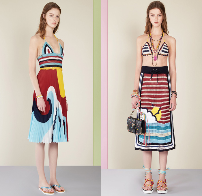 Red Valentino 2017 Spring Summer Womens Lookbook Presentation - New York Fashion Week - Tropical Flowers Floral Leaves Foliage Flamingos Seagulls Landscape Sun Ocean Waves Denim Jeans Jumpsuit Wide Leg Trousers Palazzo Pants Flare Bell Bottom Mesh Crochet  Weave Chunky Knit Sweater Jumper Ribbed Gladiator Sandals Tuxedo Stripe Blouse Maxi Dress Noodle Spaghetti Strap Lace Up Drawstring Lace Capelet Shorts Halterneck Accordion Pleats Swim Bikini Dots Bomber Jacket Slippers Strap Beads
