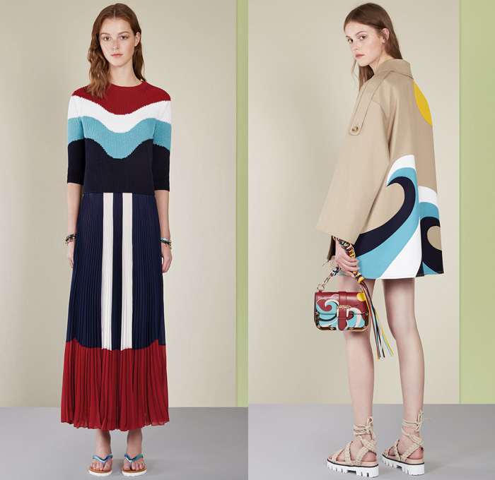 Red Valentino 2017 Spring Summer Womens Lookbook Presentation - New York Fashion Week - Tropical Flowers Floral Leaves Foliage Flamingos Seagulls Landscape Sun Ocean Waves Denim Jeans Jumpsuit Wide Leg Trousers Palazzo Pants Flare Bell Bottom Mesh Crochet  Weave Chunky Knit Sweater Jumper Ribbed Gladiator Sandals Tuxedo Stripe Blouse Maxi Dress Noodle Spaghetti Strap Lace Up Drawstring Lace Capelet Shorts Halterneck Accordion Pleats Swim Bikini Dots Bomber Jacket Slippers Strap Beads