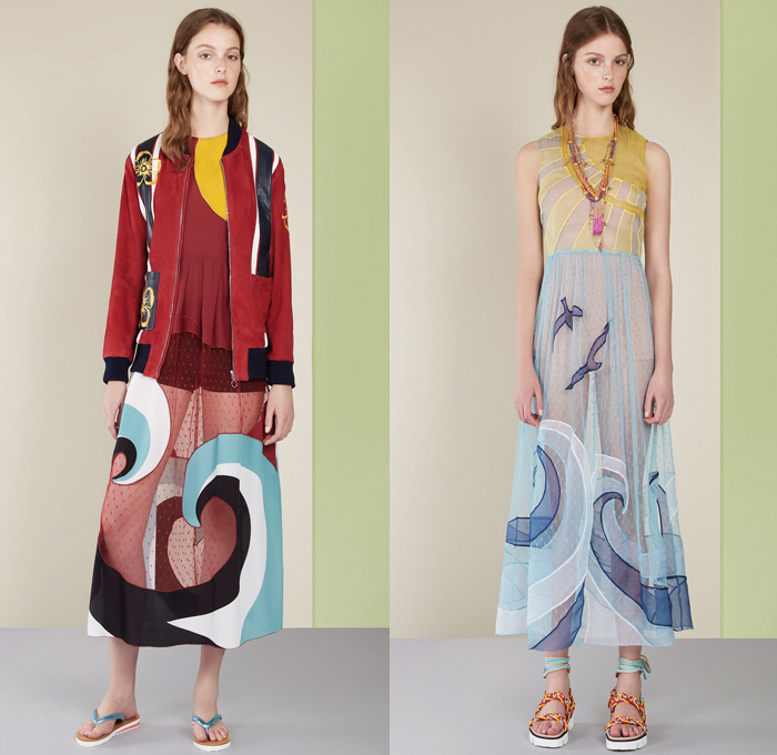 Red Valentino 2017 Spring Summer Womens Lookbook Presentation - New York Fashion Week - Tropical Flowers Floral Leaves Foliage Flamingos Seagulls Landscape Sun Ocean Waves Denim Jeans Jumpsuit Wide Leg Trousers Palazzo Pants Flare Bell Bottom Mesh Crochet  Weave Chunky Knit Sweater Jumper Ribbed Gladiator Sandals Tuxedo Stripe Blouse Maxi Dress Noodle Spaghetti Strap Lace Up Drawstring Lace Capelet Shorts Halterneck Accordion Pleats Swim Bikini Dots Bomber Jacket Slippers Strap Beads