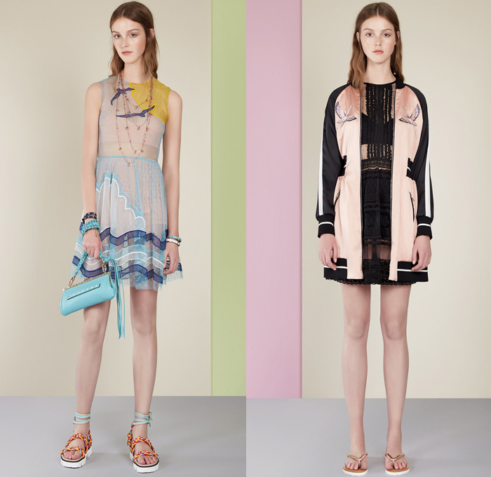 Red Valentino 2017 Spring Summer Womens Lookbook Presentation - New York Fashion Week - Tropical Flowers Floral Leaves Foliage Flamingos Seagulls Landscape Sun Ocean Waves Denim Jeans Jumpsuit Wide Leg Trousers Palazzo Pants Flare Bell Bottom Mesh Crochet  Weave Chunky Knit Sweater Jumper Ribbed Gladiator Sandals Tuxedo Stripe Blouse Maxi Dress Noodle Spaghetti Strap Lace Up Drawstring Lace Capelet Shorts Halterneck Accordion Pleats Swim Bikini Dots Bomber Jacket Slippers Strap Beads