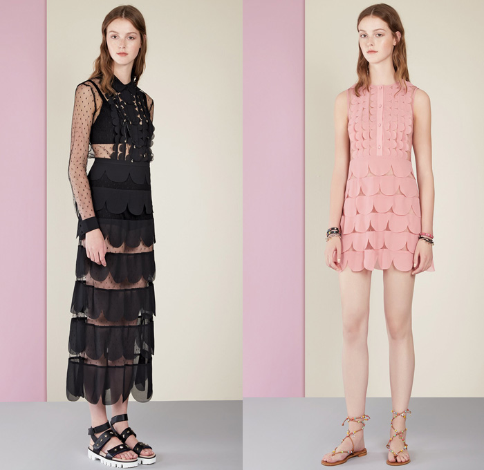 Red Valentino 2017 Spring Summer Womens Lookbook Presentation - New York Fashion Week - Tropical Flowers Floral Leaves Foliage Flamingos Seagulls Landscape Sun Ocean Waves Denim Jeans Jumpsuit Wide Leg Trousers Palazzo Pants Flare Bell Bottom Mesh Crochet  Weave Chunky Knit Sweater Jumper Ribbed Gladiator Sandals Tuxedo Stripe Blouse Maxi Dress Noodle Spaghetti Strap Lace Up Drawstring Lace Capelet Shorts Halterneck Accordion Pleats Swim Bikini Dots Bomber Jacket Slippers Strap Beads