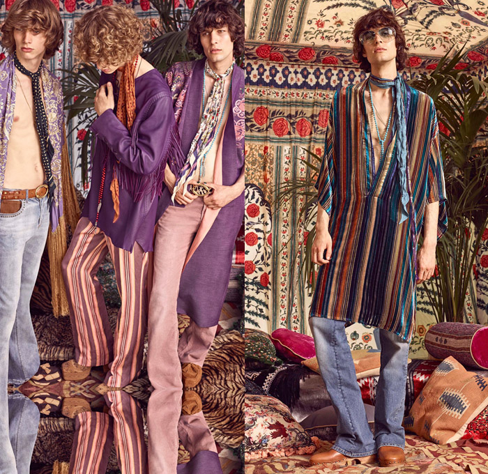 Roberto Cavalli 2017 Spring Summer Mens Lookbook Presentation - Milano Moda Uomo Collezione Milan Fashion Week Italy - Denim Jeans Patchwork Free Spirit Nomad Scandinavian Clogs Turkish Bath Cloths Ikats Italian Brocade Moroccan Djellaba Robe 1970s Seventies Rock n Roll Hippie Dragonflies Poncho Cloak Ornamental Stripes Vest Embroidery Bedazzled Beads Suede Knit Snakes Dreamcatcher Scarf Necklace Bull Outerwear Jacket Tartan Blazer Flowers Floral Suit Boots Loafers Elevator Shoes Phoenix