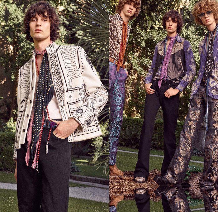 Roberto Cavalli 2017 Spring Summer Mens Lookbook Presentation - Milano Moda Uomo Collezione Milan Fashion Week Italy - Denim Jeans Patchwork Free Spirit Nomad Scandinavian Clogs Turkish Bath Cloths Ikats Italian Brocade Moroccan Djellaba Robe 1970s Seventies Rock n Roll Hippie Dragonflies Poncho Cloak Ornamental Stripes Vest Embroidery Bedazzled Beads Suede Knit Snakes Dreamcatcher Scarf Necklace Bull Outerwear Jacket Tartan Blazer Flowers Floral Suit Boots Loafers Elevator Shoes Phoenix