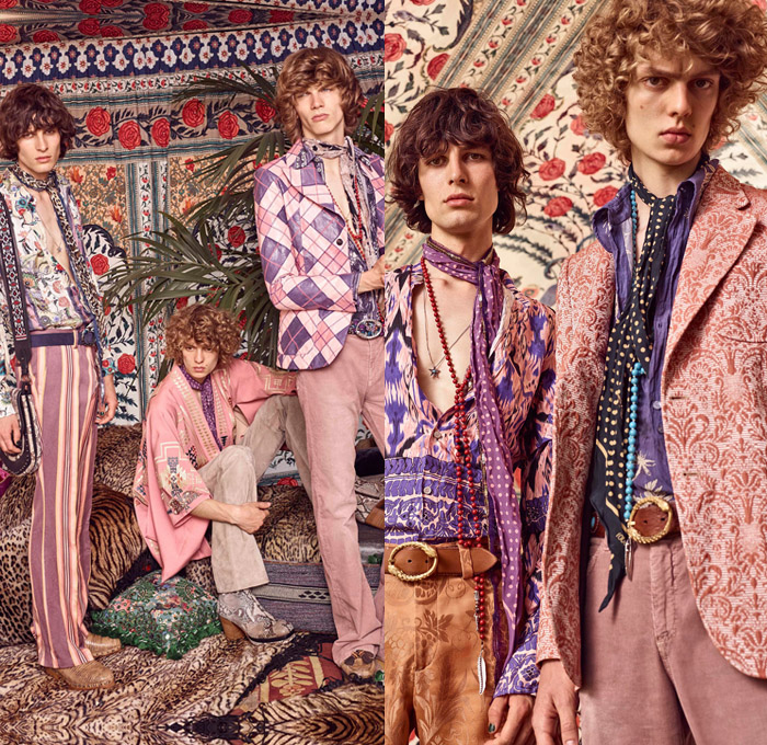 Roberto Cavalli 2017 Spring Summer Mens Lookbook Presentation - Milano Moda Uomo Collezione Milan Fashion Week Italy - Denim Jeans Patchwork Free Spirit Nomad Scandinavian Clogs Turkish Bath Cloths Ikats Italian Brocade Moroccan Djellaba Robe 1970s Seventies Rock n Roll Hippie Dragonflies Poncho Cloak Ornamental Stripes Vest Embroidery Bedazzled Beads Suede Knit Snakes Dreamcatcher Scarf Necklace Bull Outerwear Jacket Tartan Blazer Flowers Floral Suit Boots Loafers Elevator Shoes Phoenix