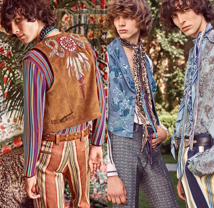 Roberto Cavalli 2017 Spring Summer Mens Lookbook Presentation - Milano Moda Uomo Collezione Milan Fashion Week Italy - Denim Jeans Patchwork Free Spirit Nomad Scandinavian Clogs Turkish Bath Cloths Ikats Italian Brocade Moroccan Djellaba Robe 1970s Seventies Rock n Roll Hippie Dragonflies Poncho Cloak Ornamental Stripes Vest Embroidery Bedazzled Beads Suede Knit Snakes Dreamcatcher Scarf Necklace Bull Outerwear Jacket Tartan Blazer Flowers Floral Suit Boots Loafers Elevator Shoes Phoenix