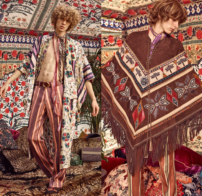 Roberto Cavalli 2017 Spring Summer Mens Lookbook Presentation - Milano Moda Uomo Collezione Milan Fashion Week Italy - Denim Jeans Patchwork Free Spirit Nomad Scandinavian Clogs Turkish Bath Cloths Ikats Italian Brocade Moroccan Djellaba Robe 1970s Seventies Rock n Roll Hippie Dragonflies Poncho Cloak Ornamental Stripes Vest Embroidery Bedazzled Beads Suede Knit Snakes Dreamcatcher Scarf Necklace Bull Outerwear Jacket Tartan Blazer Flowers Floral Suit Boots Loafers Elevator Shoes Phoenix