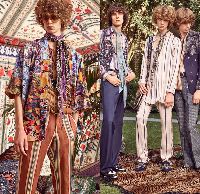 Roberto Cavalli 2017 Spring Summer Mens Lookbook Presentation - Milano Moda Uomo Collezione Milan Fashion Week Italy - Denim Jeans Patchwork Free Spirit Nomad Scandinavian Clogs Turkish Bath Cloths Ikats Italian Brocade Moroccan Djellaba Robe 1970s Seventies Rock n Roll Hippie Dragonflies Poncho Cloak Ornamental Stripes Vest Embroidery Bedazzled Beads Suede Knit Snakes Dreamcatcher Scarf Necklace Bull Outerwear Jacket Tartan Blazer Flowers Floral Suit Boots Loafers Elevator Shoes Phoenix