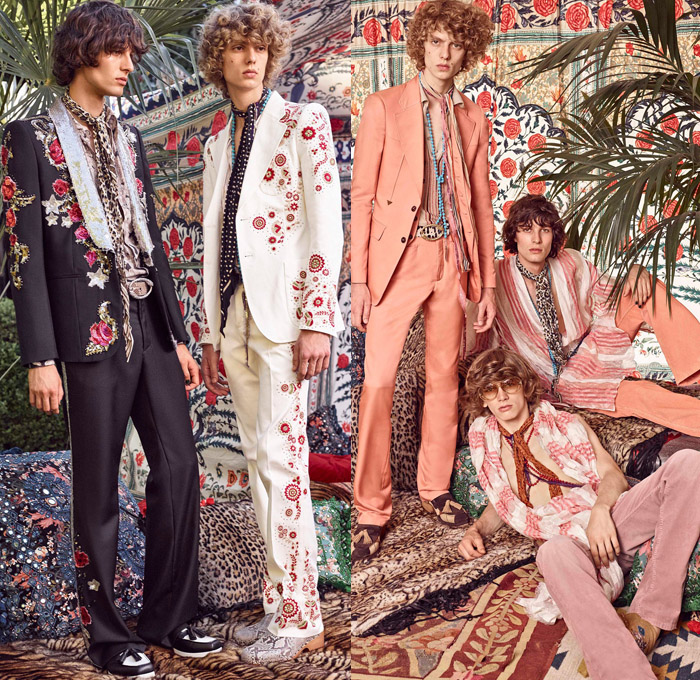 Roberto Cavalli 2017 Spring Summer Mens Lookbook Presentation - Milano Moda Uomo Collezione Milan Fashion Week Italy - Denim Jeans Patchwork Free Spirit Nomad Scandinavian Clogs Turkish Bath Cloths Ikats Italian Brocade Moroccan Djellaba Robe 1970s Seventies Rock n Roll Hippie Dragonflies Poncho Cloak Ornamental Stripes Vest Embroidery Bedazzled Beads Suede Knit Snakes Dreamcatcher Scarf Necklace Bull Outerwear Jacket Tartan Blazer Flowers Floral Suit Boots Loafers Elevator Shoes Phoenix