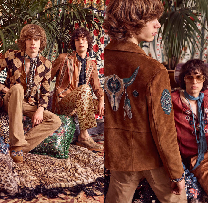 Roberto Cavalli 2017 Spring Summer Mens Lookbook Presentation - Milano Moda Uomo Collezione Milan Fashion Week Italy - Denim Jeans Patchwork Free Spirit Nomad Scandinavian Clogs Turkish Bath Cloths Ikats Italian Brocade Moroccan Djellaba Robe 1970s Seventies Rock n Roll Hippie Dragonflies Poncho Cloak Ornamental Stripes Vest Embroidery Bedazzled Beads Suede Knit Snakes Dreamcatcher Scarf Necklace Bull Outerwear Jacket Tartan Blazer Flowers Floral Suit Boots Loafers Elevator Shoes Phoenix