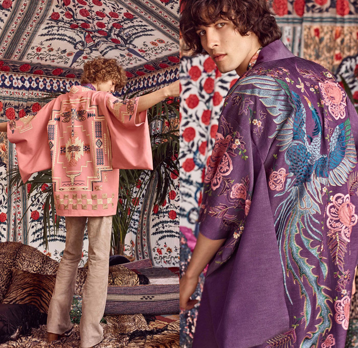 Roberto Cavalli 2017 Spring Summer Mens Lookbook Presentation - Milano Moda Uomo Collezione Milan Fashion Week Italy - Denim Jeans Patchwork Free Spirit Nomad Scandinavian Clogs Turkish Bath Cloths Ikats Italian Brocade Moroccan Djellaba Robe 1970s Seventies Rock n Roll Hippie Dragonflies Poncho Cloak Ornamental Stripes Vest Embroidery Bedazzled Beads Suede Knit Snakes Dreamcatcher Scarf Necklace Bull Outerwear Jacket Tartan Blazer Flowers Floral Suit Boots Loafers Elevator Shoes Phoenix