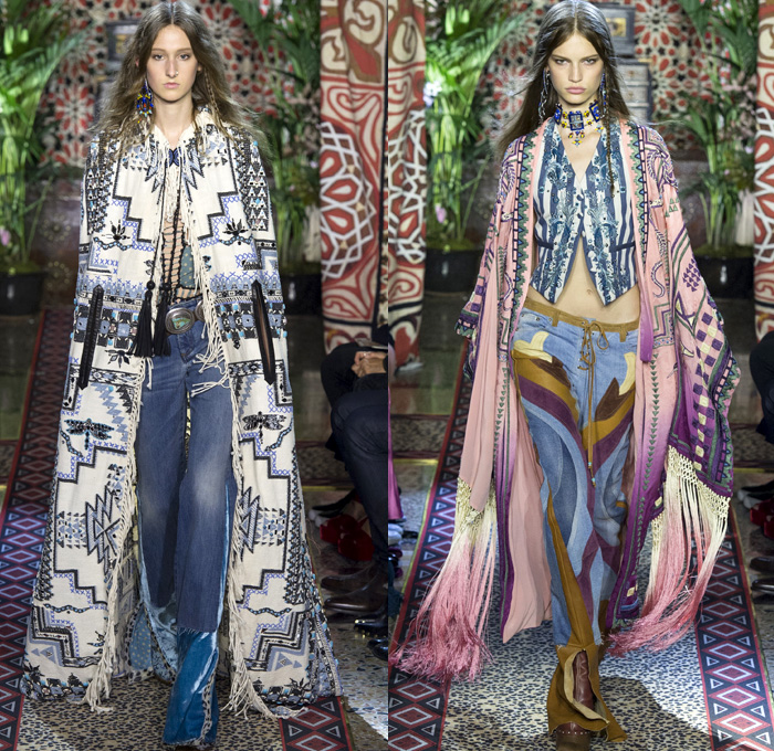 Roberto Cavalli 2017 Spring Summer Womens Runway Catwalk Looks - Milano Moda Donna Collezione Milan Fashion Week Italy - 1970s Seventies Hippie Bohemian Boho Chic Flare Patchwork Denim Jeans Poncho Cloak Cape Fringes Tribal Ethnic Folk Native American Western Cowgirl Vest Gilet Flowers Floral Mix Match Suede Stripes Embroidery Bedazzled Sheer Chiffon Jacket Blazer Velvet Bralette Cargo Pockets Robe Geometric Beads Strapless Blouse Sequins Ruffles Gold Jacquard Furry Leather Maxi Dress Goddess Gown Eveningwear Studs Leg O'Mutton Sleeves Ombre Leopard Halterneck Lace Up Earrings Wide Belt Choker Boots Scarf Feathers Colored Sunglasses Handbag Bangles