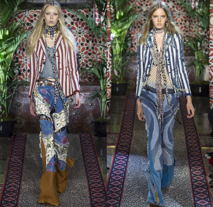 Roberto Cavalli 2017 Spring Summer Womens Runway Catwalk Looks - Milano Moda Donna Collezione Milan Fashion Week Italy - 1970s Seventies Hippie Bohemian Boho Chic Flare Patchwork Denim Jeans Poncho Cloak Cape Fringes Tribal Ethnic Folk Native American Western Cowgirl Vest Gilet Flowers Floral Mix Match Suede Stripes Embroidery Bedazzled Sheer Chiffon Jacket Blazer Velvet Bralette Cargo Pockets Robe Geometric Beads Strapless Blouse Sequins Ruffles Gold Jacquard Furry Leather Maxi Dress Goddess Gown Eveningwear Studs Leg O'Mutton Sleeves Ombre Leopard Halterneck Lace Up Earrings Wide Belt Choker Boots Scarf Feathers Colored Sunglasses Handbag Bangles