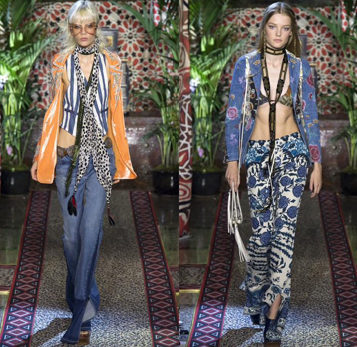 Roberto Cavalli 2017 Spring Summer Womens Runway Catwalk Looks - Milano Moda Donna Collezione Milan Fashion Week Italy - 1970s Seventies Hippie Bohemian Boho Chic Flare Patchwork Denim Jeans Poncho Cloak Cape Fringes Tribal Ethnic Folk Native American Western Cowgirl Vest Gilet Flowers Floral Mix Match Suede Stripes Embroidery Bedazzled Sheer Chiffon Jacket Blazer Velvet Bralette Cargo Pockets Robe Geometric Beads Strapless Blouse Sequins Ruffles Gold Jacquard Furry Leather Maxi Dress Goddess Gown Eveningwear Studs Leg O'Mutton Sleeves Ombre Leopard Halterneck Lace Up Earrings Wide Belt Choker Boots Scarf Feathers Colored Sunglasses Handbag Bangles